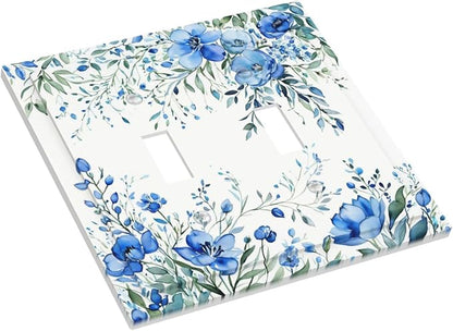 Decorative Light Switch Cover Blue Watercolor Flowers Retro Floral Leaves 2 Gang Wall Plate Double Toggle Switch Plate Receptacle Electrical Outlet Cover Switchplate for Bathroom Bedroom（2 Pack）