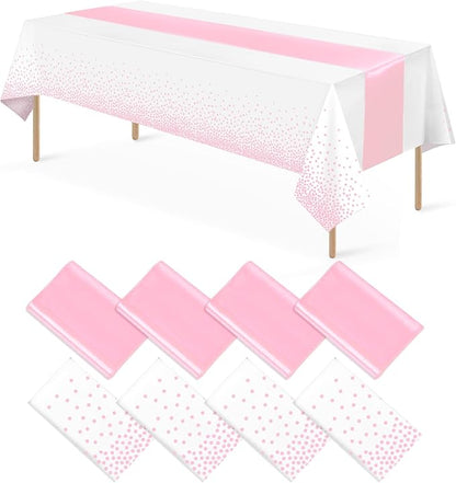 8Pack Disposable Plastic Tablecloths and Satin Table Runner Set White Pink Dot by MASHAN