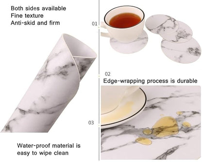 Marble Round Placemats and Coasters, Faux Leather Waterproof Table Mats, Easy to Wipe Off for Kitchen Dining Round Table
