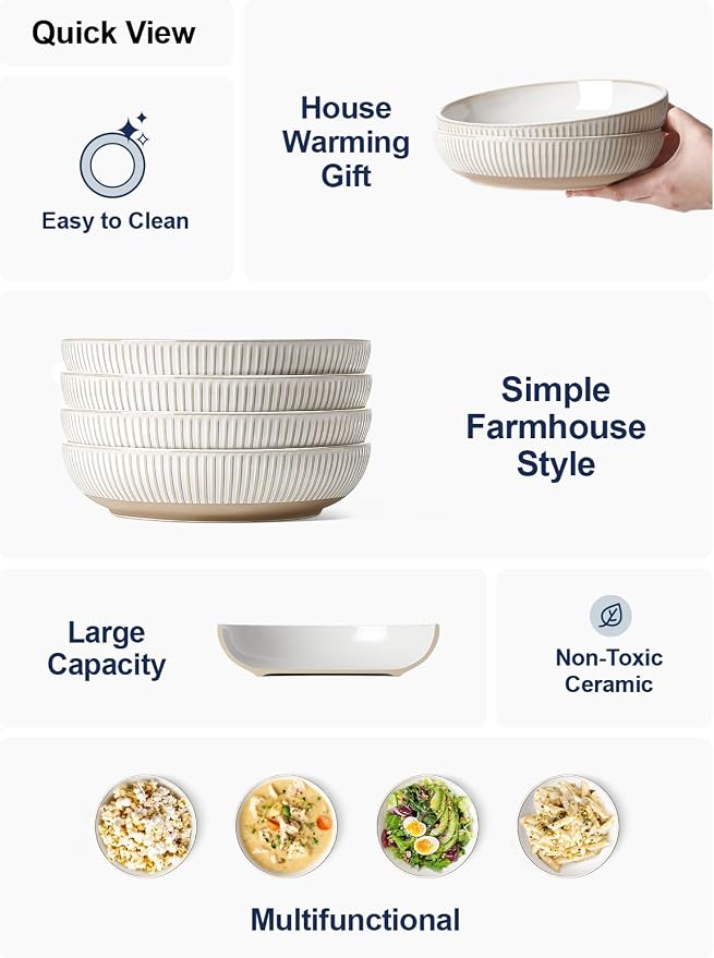 LE TAUCI Pasta Bowls 46oz, Large Salad Bowl, Ceramic Embossment Stoneware - Image 5