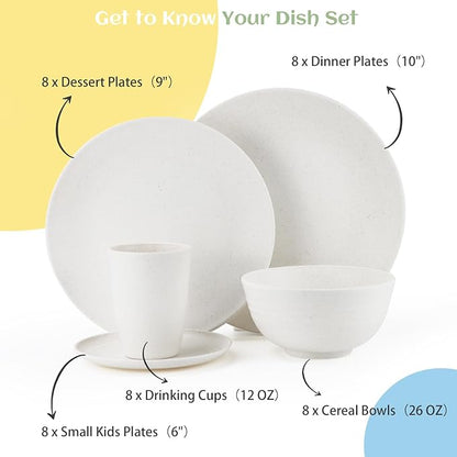 Homienly Wheat Straw Dinnerware Set,40-Piece Dish Set for 8, Dinner Plates, Dessert Plate, Cereal Bowls, Cups, Appetizer Plates,Reusable Dinner Plates Kids Plates and Bowls Sets, White