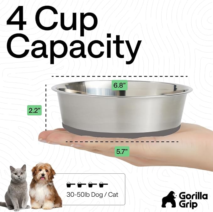 GORILLA GRIP Dog Bowls, Food Grade 304 Stainless Steel, Holds 4 Cups Each Food - Image 4