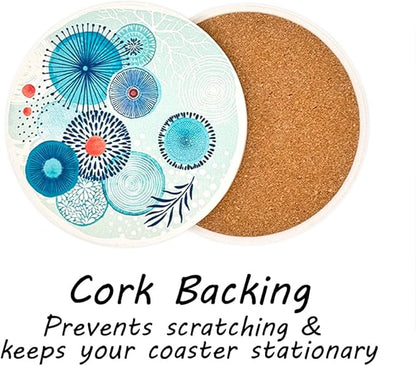 AD Set of 6 Coasters for Drinks Absorbing Round Ceramic Stone Coaster with Cork Base Tabletop Protection Mat for Mugs and Cups,Office,Kitchen (Color Droplets with Rose Gold Holder)