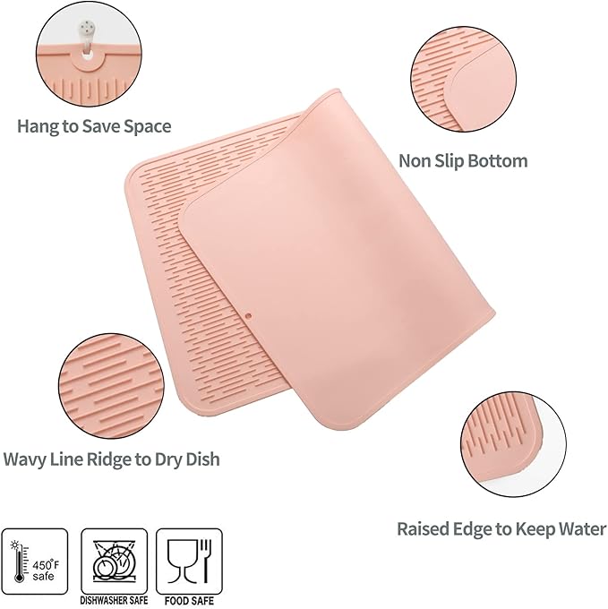 Silicone Dish Drying Mat for Multiple Usage,Easy clean,Eco-friendly,Heat-resistant Silicone Mat for Kitchen Counter or Sink,Refrigerator or Drawer Liner Pink 3XL 28 inches x 18 inches