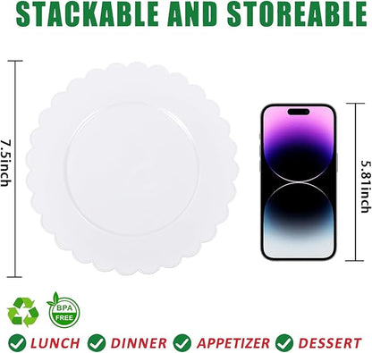 SUT 72Pcs 7.5" White Plastic Plates, Heavy Duty Disposable Plates for Weddings, Parties, Events, Fancy Dessert & Appetizer Plates | Shatterproof Bulk Party Supplies (72 Count)
