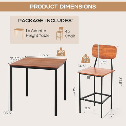 Giantex 5-Piece Dining Table Set W/Counter Height Table & 4 Bar Stools, Industrial Kitchen Dining Table Set W/Footrest & Backrest, Space-Saving Dinette Set for Pub, Dining Room, Restaurant (Walnut)