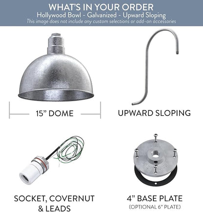 Steel Lighting Co. Hollywood Bowl Light | Outdoor Wall Mounted | 15 inch Bowl Dome | Upslope Gooseneck | Barn Light Made in America | Galvanized Exterior/Galvanized Interior