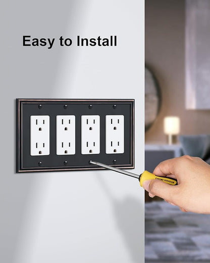 2-Pack Quad Decorator Outlet Cover Plate, Zinc Alloy Decorative Aged Bronze Switch Plates and Outlet Covers, 4 Gang Wall Plates for Electrical Outlets, Receptacle, GFCI Outlet, Dimmer Switch