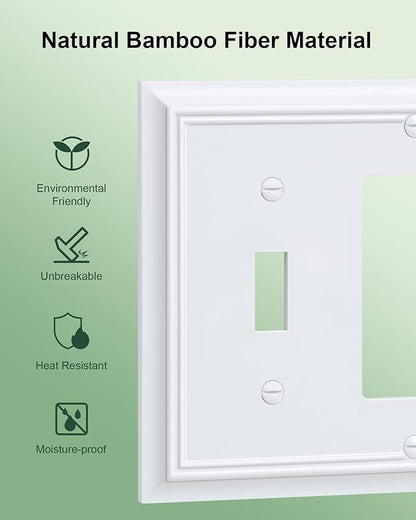 2-Pack Combo Toggle/Decorator Light Switch Cover Plate, Pure White Decorative Electrical Outlet Covers, Durable Natural Bamboo Fiber Switch Plates and Outlet Covers, Corrosion Resistant