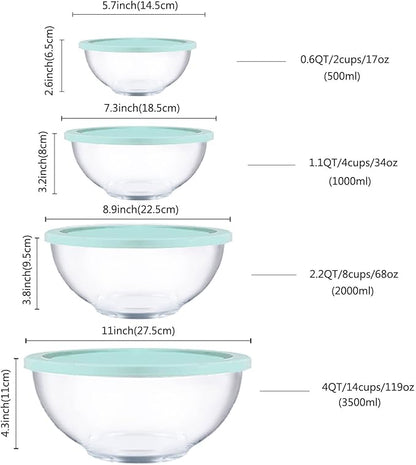 Glass Mixing Bowls with Lids Set, 8 Pieces Glass Salad Bowl Set with Lids(0.6QT,1.1QT,2.2QT,4QT) High Brosilicate Microwave Bowls for Kitchen Baking, Prepping Serving and Storage, Great Gift