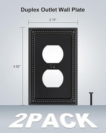 2-Pack Duplex Outlet Cover, Black Metal Wall Plates for Electrical Outlets, 1 Gang Receptacle Light Switch Cover, Pearls Beaded Decorative Switch Plates and Outlet Covers