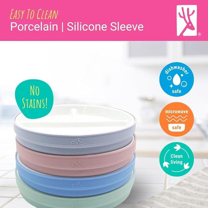 Elk and Friends Kids 7.8” Porcelain White Plates with Silicone Sleeves | Divided Plates | Suitable for Kids/Toddlers | Microwave & Dishwasher Safe | Non Slip | Snack Dishes…
