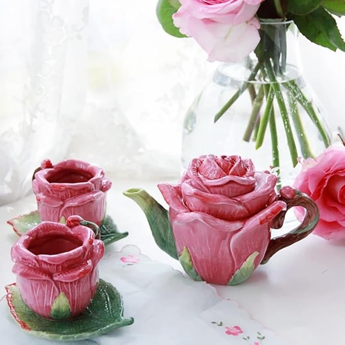 Ceramic Rose Tea Pot Set, 3D Hand-painted Rose Red Flower Cup and Green Leaves - Image 4