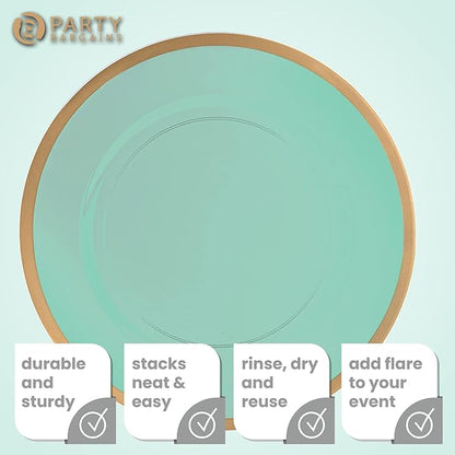 PARTY BARGAINS 13-Inch Charger Plates - 8 Pack, Transparent Green Gold Rim, Heavy-Duty Disposable Chargers for Elegant Dining - Ideal for Weddings and Formal Events