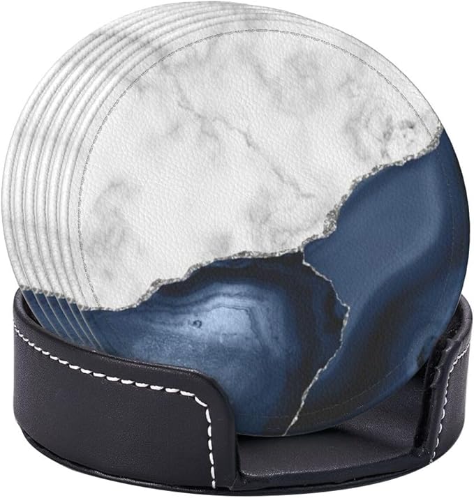 6 Pcs White Navy Blue Silver Marble Leather Coasters - Image 6