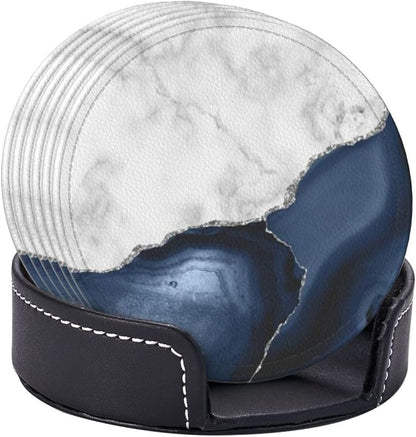 6 Pcs White Navy Blue Silver Marble Leather Coasters - Image 6