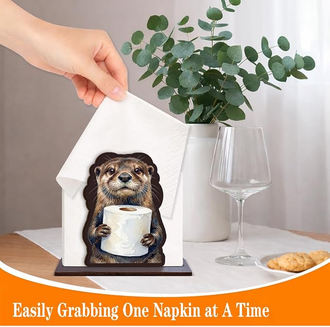 Cute Otter Napkin Holder for Table, Funny Otter Holding Tissue Design Wooden - Image 3