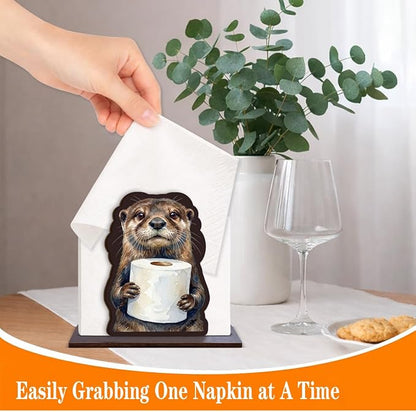 Cute Otter Napkin Holder for Table, Funny Otter Holding Tissue Design Wooden - Image 3