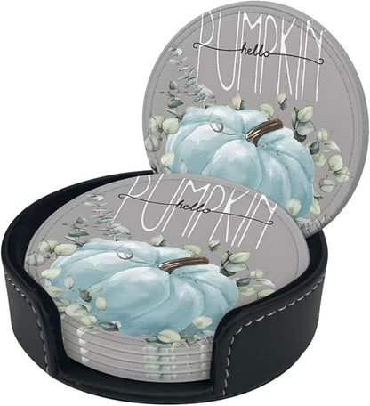 6 Pcs Fall Blue Pumpkin Eucalyptus Leaves Grey Leather Coasters - Image 3
