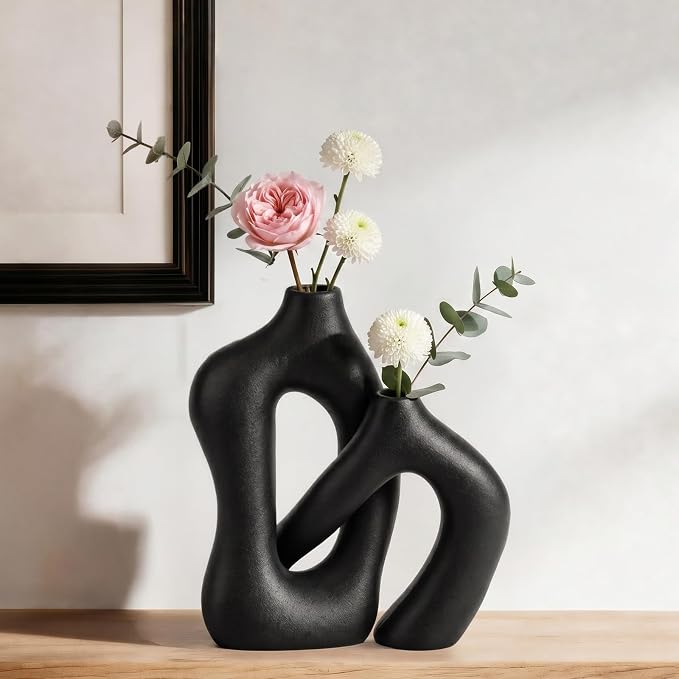 Dowan Black Vases for Decor, Hollow Ceramic Vase Set of 2, 8.3" Nordic Modern by DOWAN