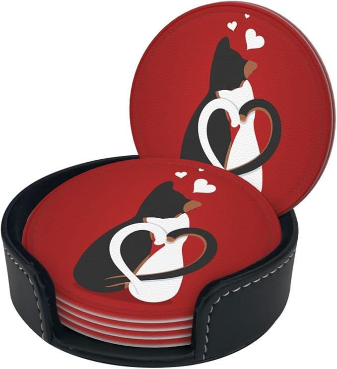 Drink Coasters with Holder Stand Set of 6, Valentine's Day Cat Pu Leather - Image 8