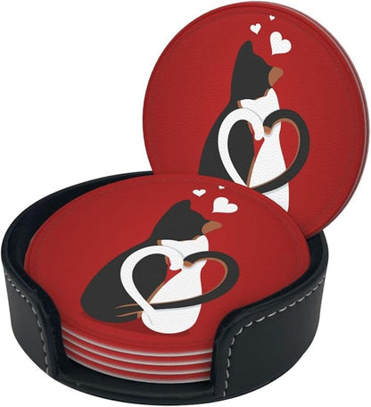 Drink Coasters with Holder Stand Set of 6, Valentine's Day Cat Pu Leather - Image 8