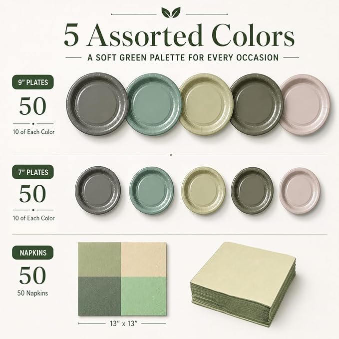 Sage Green and Beige Party Supplies, Disposable Dinner Plates, Dessert Plates - Image 3