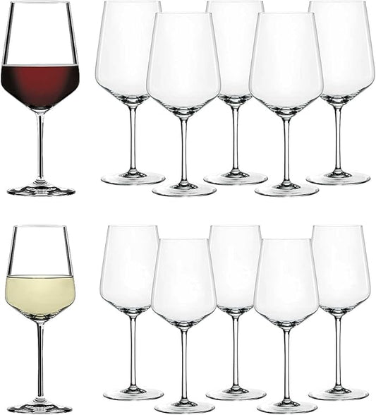 Spiegelau Style Red and White Wine Glasses, Modern Stemmed Wine Glasses, Elegant Glassware for Dinner Parties, Home Bar Cart Accessories, Hosting Essentials, and Wedding Gifts, Set of 12