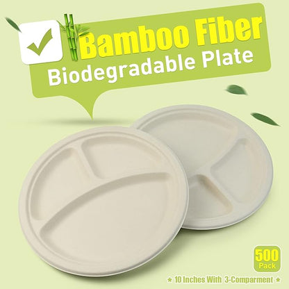 Green Earth, 10-Inch, 500-Count, 3-Compartment Compostable Plates, Natural Bamboo Fibers, Everyday Tableware - Biodegradable - Disposable Round Shape