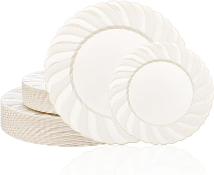 U-QE 60 Pcs Ivory Plastic Plates for Party – Scalloped Plastic Plates Heavy Duty & Elegant – Include 30 10.25" Dinner & 30 7.25" Dessert Plates - Perfect for Party & Wedding