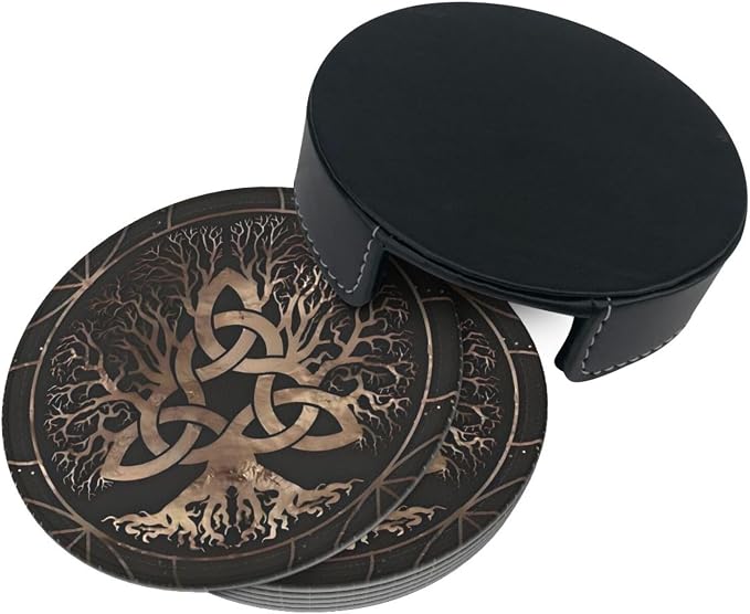 Drink Coasters with Holder Stand Set of 6, Tree of Life Copper Pu Leather - Image 7