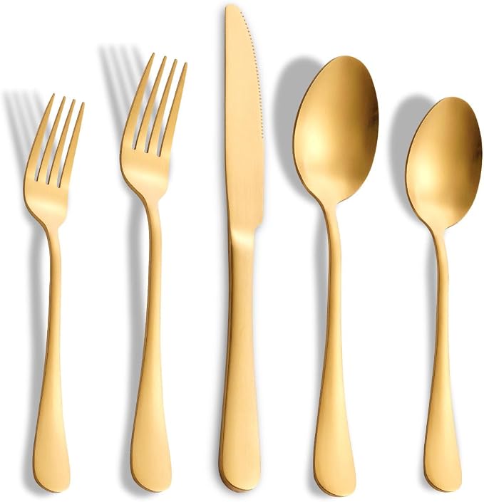 Matte Gold Silverware Set with Steak Knives, 20-Piece Stainless Steel Flatware by Joincook