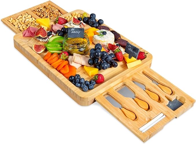 RoyalHouse Unique Bamboo Cheese Board and Knife Set with 2 Slide-Out Cutlery Drawers - Charcuterie Boards Set & Cheese Platter - Ideal Anniversary, Wedding and Housewarming Gift