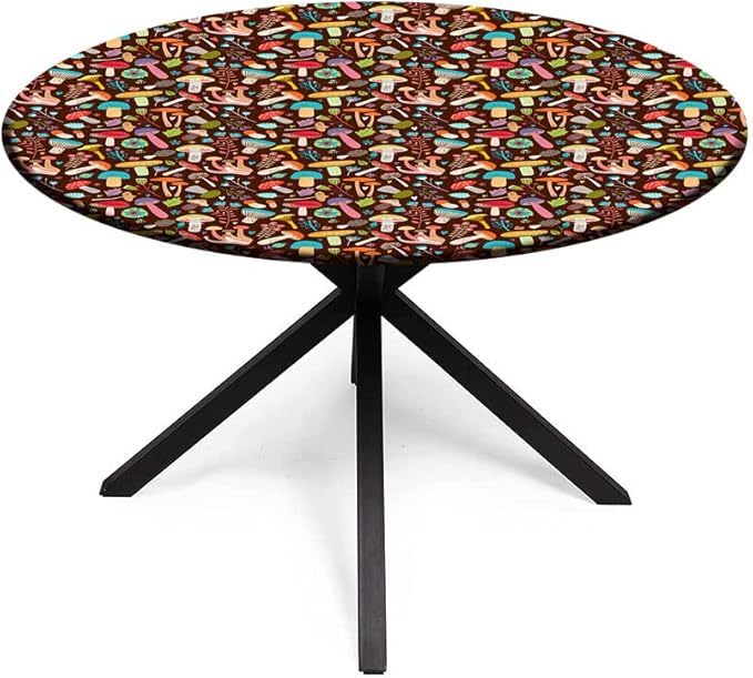 Elastic Tablecloth, Mushrooms Decorative Fabric Table Cover for, Attractive Various Cartoon Leaves and Mushrooms Graphic, Fit Round Tables 35inch Diameter, for Outdoor Indoor Use, Brown
