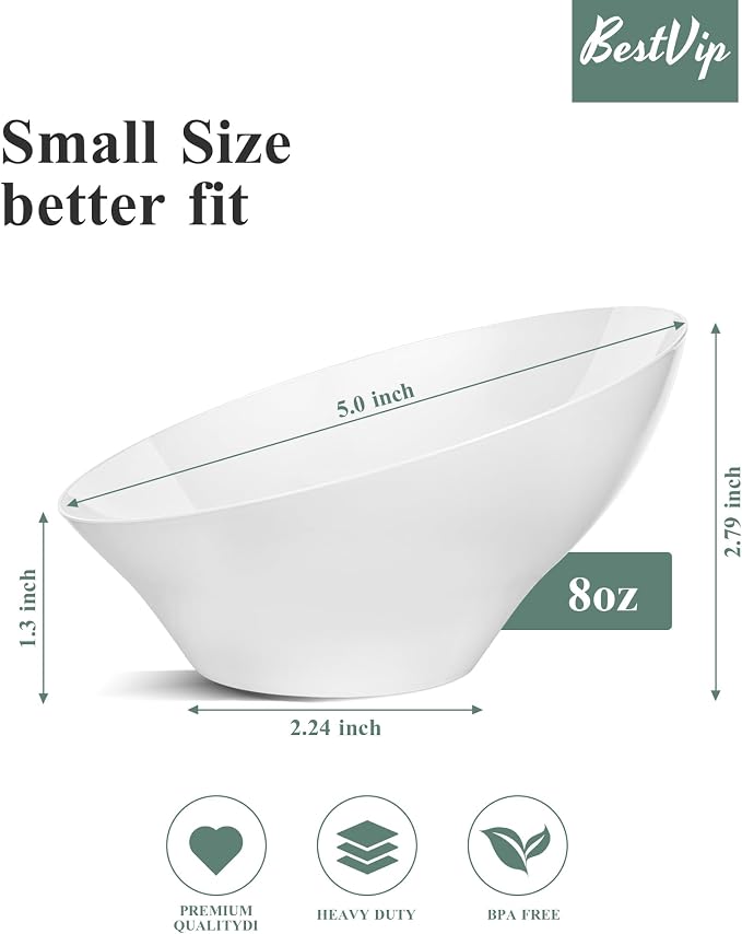 BESTVIP 8 Oz White Plastic Angled Serving Bowls, 12 Pack | Disposable Bowls - Image 3