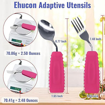 Adaptive Utensils for Hand Tremors,Arthritis and Parkinsons -Weighted Silverware with Non-Slip Handle to Easy Grip,Eating Flatware for Elderly Use (Right Hand 1 pc Fork+1 pc Spoon=2 pcs,Pink)
