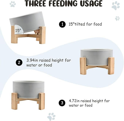 SPUNKYJUNKY 15° Slanted Ceramic Dog and Cat Bowl with Wooden Stand, Tilted Bulldog Food and Water Bowl No Slip Non-Spill for Cats Medium Dogs Big Face Pets 28.7 OZ (3.6 Cups, Grey)