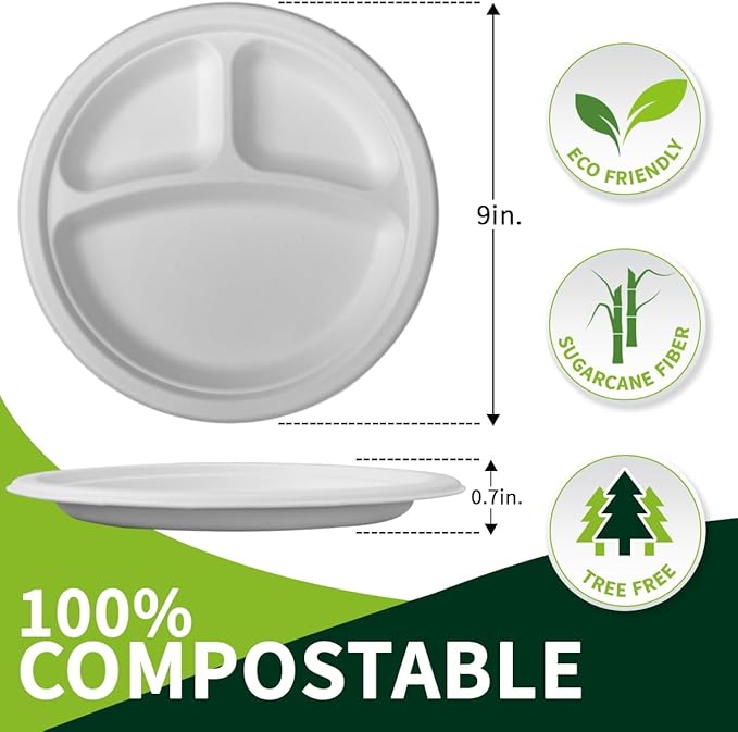 9 Inch 3 Compartment Paper Plates 【White 150 Pack】, Compostable Divided Plates, 100% Sugarcane Bagasse, Heavy Duty Disposable Plates for Lunch, Salad, BBQ, Picnic