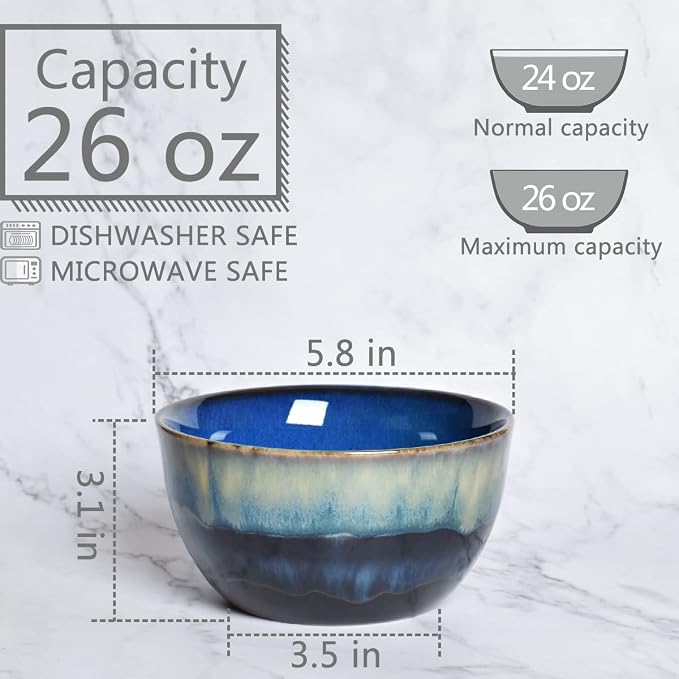 Stoneware Cereal Bowls Set of 4, 26 Oz, Dishwasher and Microwave Safe, Reactive - Image 2