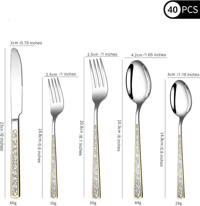 40-Piece Embossed Gold Silverware Set, 18/0 Stainless Steel Flatware Fancy - Image 2