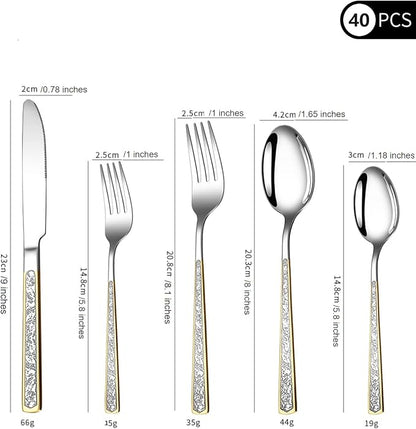 40-Piece Embossed Gold Silverware Set, 18/0 Stainless Steel Flatware Fancy - Image 2