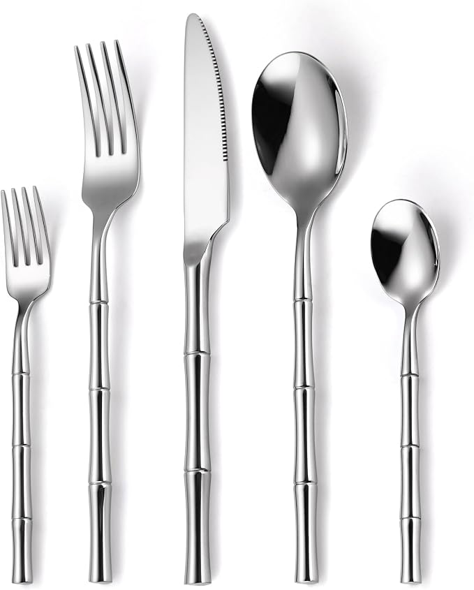 20 Pieces Bamboo Flatware Set Silverware Set Service by MetalServingUtensils