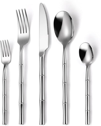 20 Pieces Bamboo Flatware Set Silverware Set Service by MetalServingUtensils