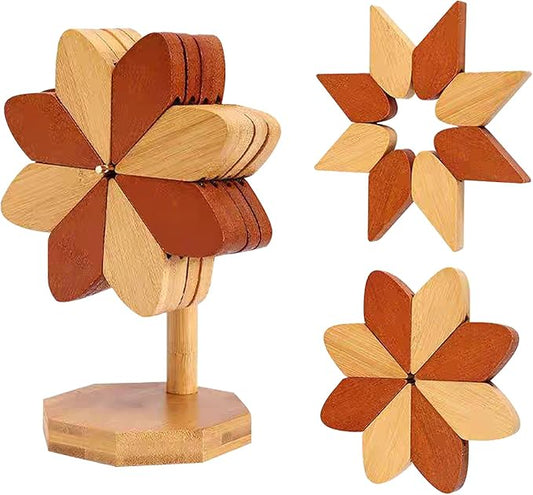 Wooden Tree Coaster, Trivet for hot Dishes, Trivet for hot Pot and Flat Bottomed pan, Wooden Windmill Cup Holder -3 or 4 or 5 Wooden mats+1 Bracket(Windmill placemats 4 pcs)