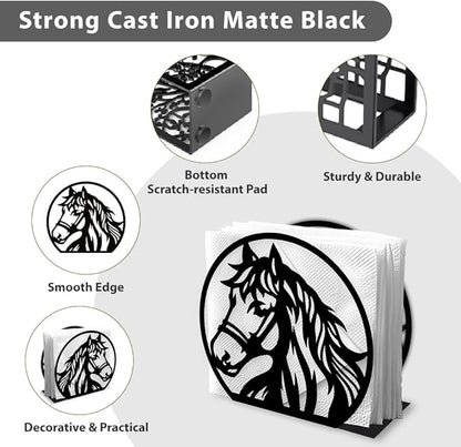Horse Head Decorative Black Metal Napkin Holder for Table, 4.9" x 4.5" x 1.9" Horse Aniaml Standing Napkin Holder for Home Kitchen Restaurant Picnic Party Coffee Bar Dining Room