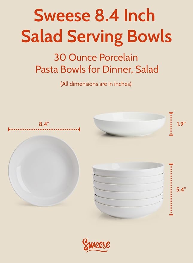 Sweese Large Salad Serving Bowls, 30 Ounce Porcelain White Pasta Plates Set of 6 - Image 2
