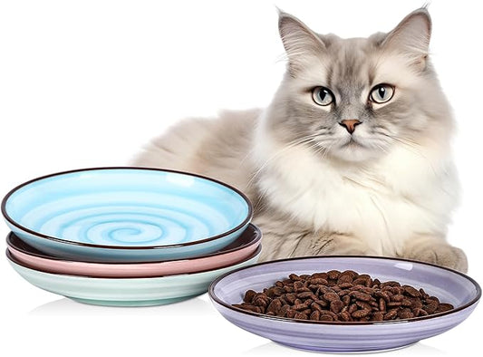 Selamica Ceramic Cat Bowls, 6 Inch Cat Food Bowl Whisker Friendly, Shallow Wide Kitten Plates for Food and Water, Set of 4, Gradient Colors