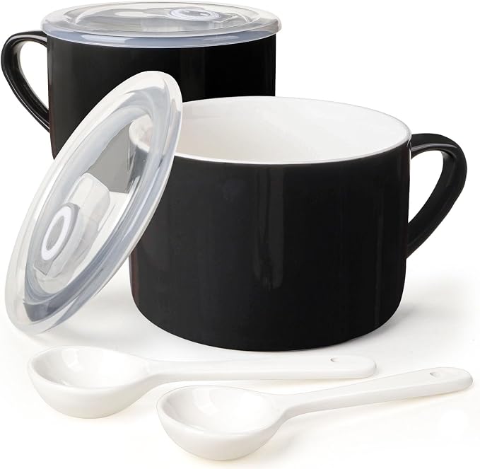 Soup Bowls with Handles & Spoons, 30oz Ceramic Ramen Bowl with Lid, Large Soup by Wareland