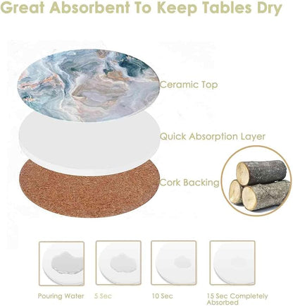 Drink Coasters with Holder 6 Pack, Ceramic Marble Style, Absorbent Abstract - Image 3