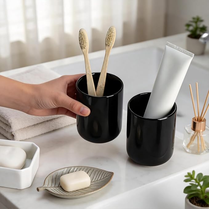 Gaolinci 2 Pcs Simple Solid Color Ceramic Mouthwash Cups, Bathroom Brushing Cup - Image 3